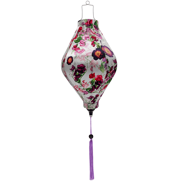Tube Vietnamese silk lantern with botanical floral pattern with pinks and purples on white background. 