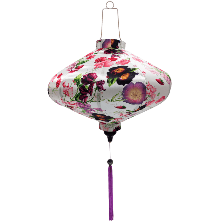 UFO shaped Vietnamese lantern with botanical floral pattern with pinks and purples on white background. 