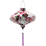 UFO shaped Vietnamese lantern with botanical floral pattern with pinks and purples on white background. 