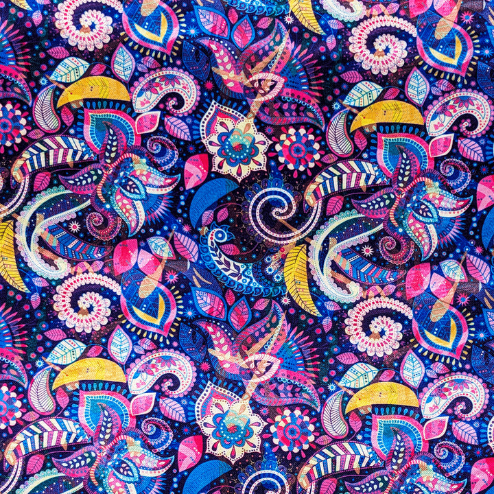 Polyester silk fabric with paisley print in different purple and pink hues.
