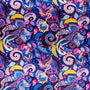 Polyester silk fabric with paisley print in different purple and pink hues.