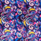 Polyester silk fabric with paisley print in different purple and pink hues.