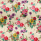 Polyester silk fabric with bunches of flowers in pink, purple, and yellow on a creamy butter background. Used to create Hoi An Lanterns.