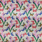A close up of polyester silk fabric with a stunning print of blue, red and green butterflies fluttering around pink and purple flowers.