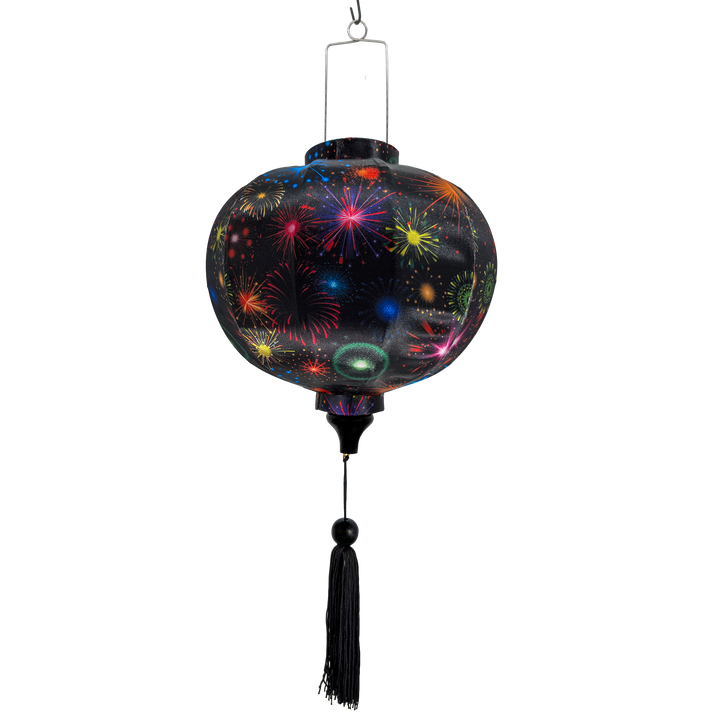 Round shaped decorative silk lantern with colourful fireworks design on a black background