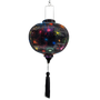 Round shaped decorative silk lantern with colourful fireworks design on a black background