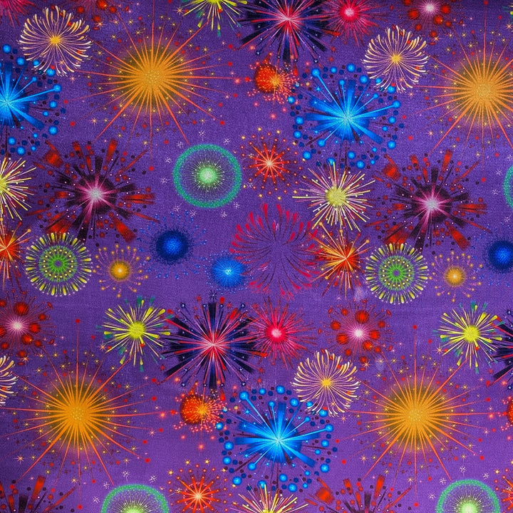 Polyester silk fabric with colourful fireworks pattern on a purple background