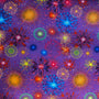 Polyester silk fabric with colourful fireworks pattern on a purple background