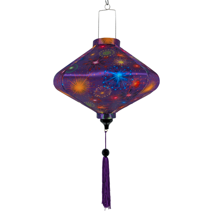 UFO shaped purple lantern with colourful star designs on a purple background
