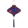 UFO shaped purple lantern with colourful star designs on a purple background