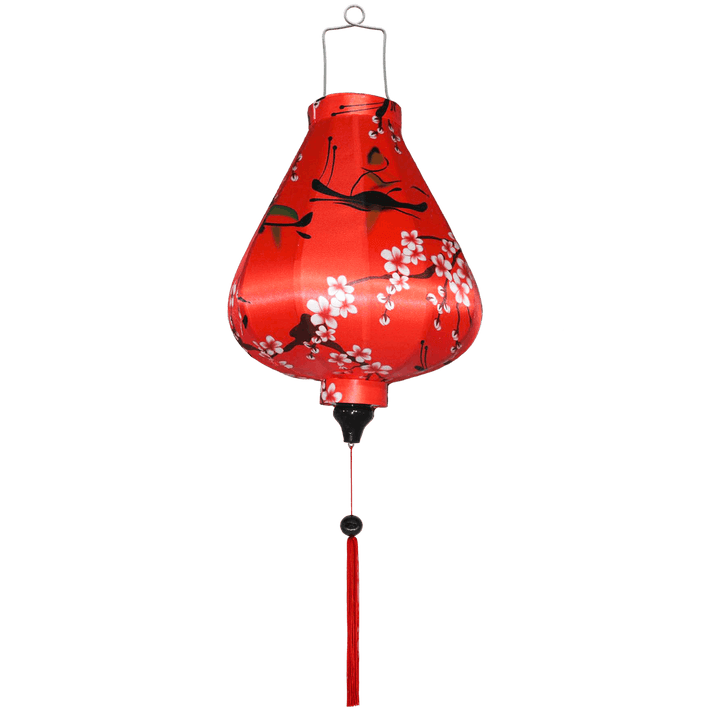 Garlic shaped lantern with red tassel and delicate pink cherry blossoms on red.