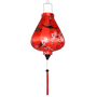 Garlic shaped lantern with red tassel and delicate pink cherry blossoms on red.