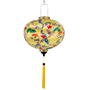 Hanging round Vietnamese silk lantern with bird pattern on a yellow background with yellow tassel