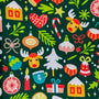 Close up of polyester silk fabric with a Christmas theme featuring reindeer, candy sticks, bells, ice capped trees, candles, gift wrapped gifts and mistletoe on a deep green background.