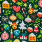 Close up of polyester silk fabric with a Christmas theme featuring reindeer, candy sticks, bells, ice capped trees, candles, gift wrapped gifts and mistletoe on a deep green background.
