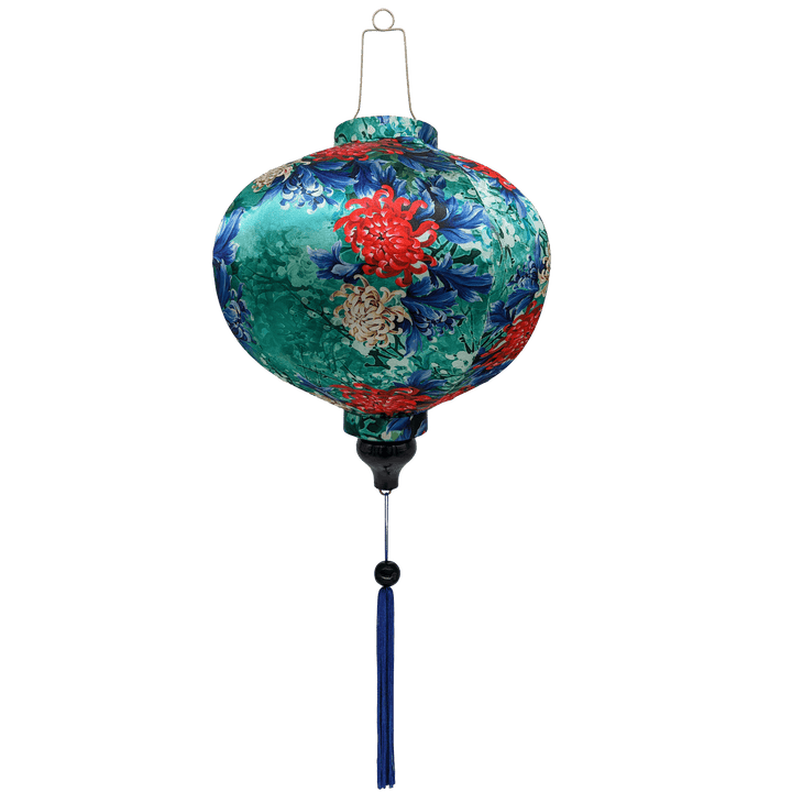 Round shape Vietnamese Lantern with blue tassels and chrysanthemum flowers.