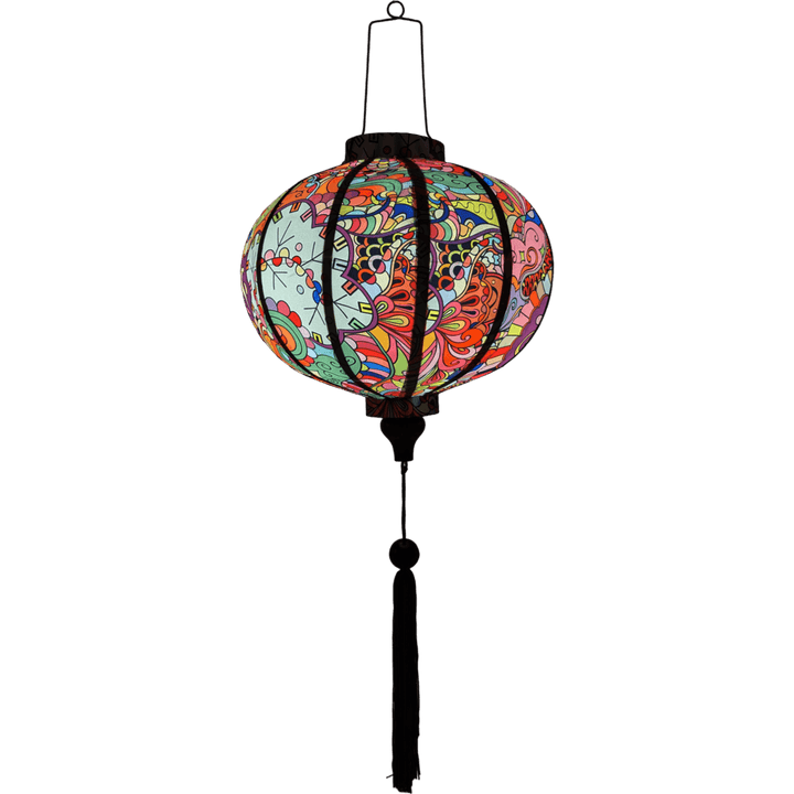 Glowing round lantern with purple tassel.