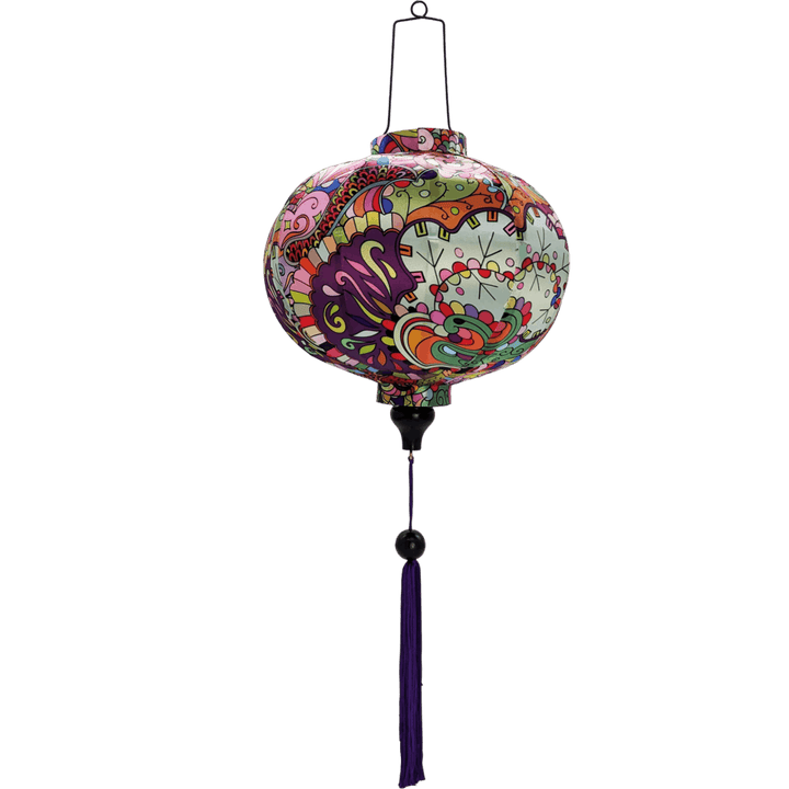 Round lantern with purple tassel.