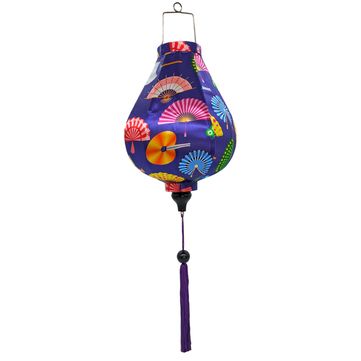 Garlic shaped Vietnamese Hoi An decorative silk lantern with a bold purple hue and colorful fan patterns.