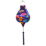 Garlic shaped Vietnamese Hoi An decorative silk lantern with a bold purple hue and colorful fan patterns.