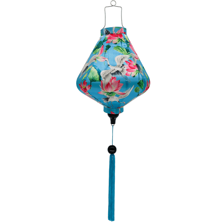 Teardrop shaped Vietnamese lantern with blue tassel and print of cranes and lotus flowers.