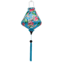 Teardrop shaped Vietnamese lantern with blue tassel and print of cranes and lotus flowers.
