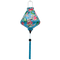 Teardrop shaped Vietnamese lantern with blue tassel and print of cranes and lotus flowers.
