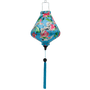 Teardrop shaped Vietnamese lantern with blue tassel and print of cranes and lotus flowers.