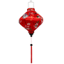 Lozenge shaped Vietnamese lantern with red tassel featuring  large Asian red-necked birds and round lanterns, surrounded by pink and white flowers on a red background.