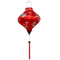 Lozenge shaped Vietnamese lantern with red tassel featuring  large Asian red-necked birds and round lanterns, surrounded by pink and white flowers on a red background.