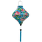 Lozenge shaped Vietnamese lantern with blue tassel and print of cranes and lotus flowers.