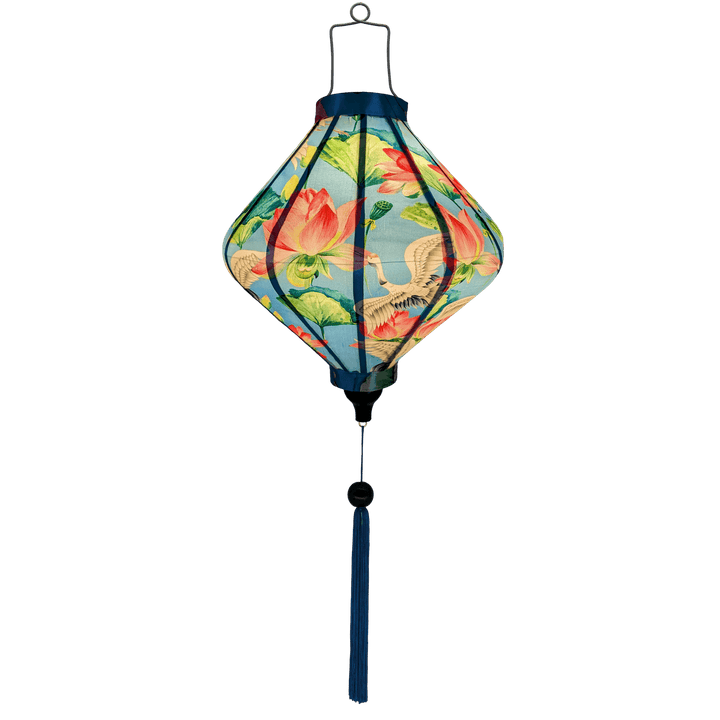 Glowing Lozenge shaped lantern with cranes and lotus flowers on blue.