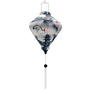 Diamond shaped lantern with white tassel featuring a red-crowned crane and pagodas on white background.