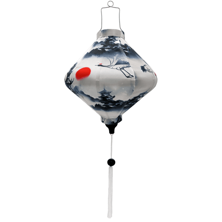 Lozenge shaped lantern with white tassel featuring a flying red-crowned crane and pagoda with crimson red sun on white background.