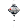 Lozenge shaped lantern with white tassel featuring a flying red-crowned crane and pagoda with crimson red sun on white background.