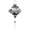 Lozenge shaped lantern with white tassel featuring a flying red-crowned crane and pagoda with crimson red sun on white background.