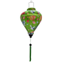 Balloon shape Vietnamese silk lantern for sale with green background adorned with elegant white cranes in flight, their wings gracefully spread with black and blue accents. Surrounding them are lush chrysanthemums in shades of red, pink, and yellow, along with delicate roses, small blue butterflies and dragonflies.