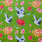 A vibrant fabric design featuring a green background with elegant white cranes in flight, their wings gracefully spread with black and blue accents. Surrounding them are lush chrysanthemums in shades of red, pink, and yellow, along with delicate roses, small blue butterflies and dragonflies.