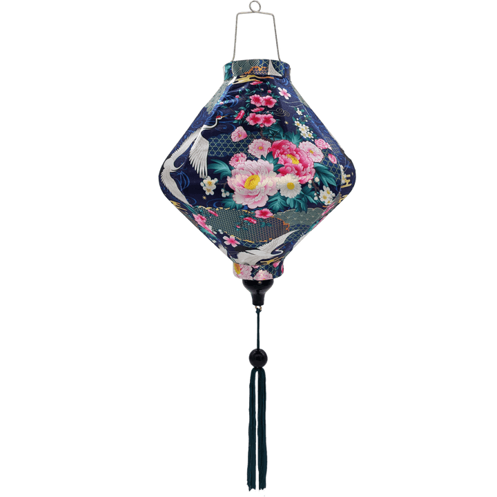 Lozenge shaped Vietnamese Hoi An lantern with blue tassel.