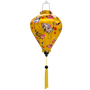 Balloon shape Vietnamese silk yellow Hoi An lantern adorned with intricate blue cranes, delicate pink cherry blossoms, and festive red lantern motifs. 