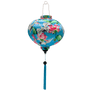 Round shaped Vietnamese lantern with blue tassel and print of cranes and lotus flowers.