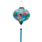 Round shaped Vietnamese lantern with blue tassel and print of cranes and lotus flowers.