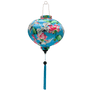 Round shaped Vietnamese lantern with blue tassel and print of cranes and lotus flowers.