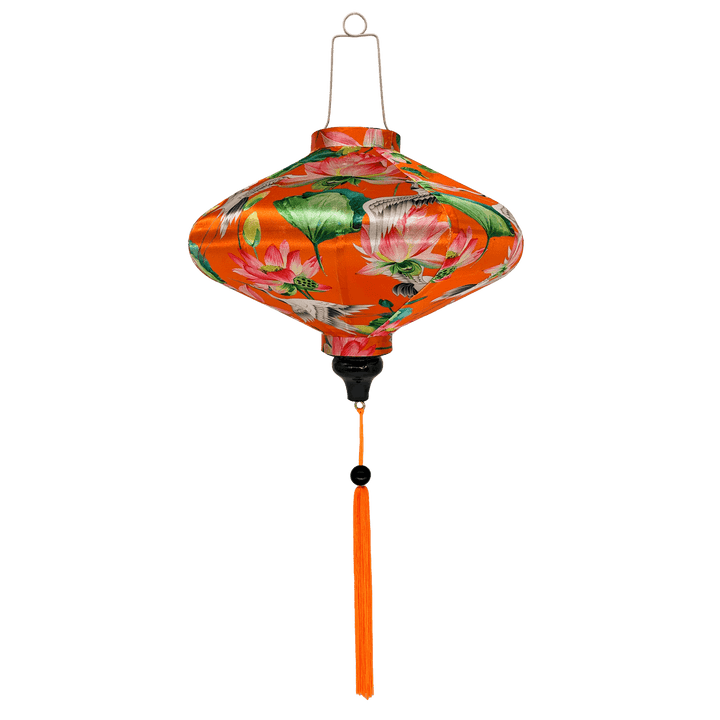 UFO shaped Vietnamese lantern featuring cranes and lotus flowers with orange tassel.