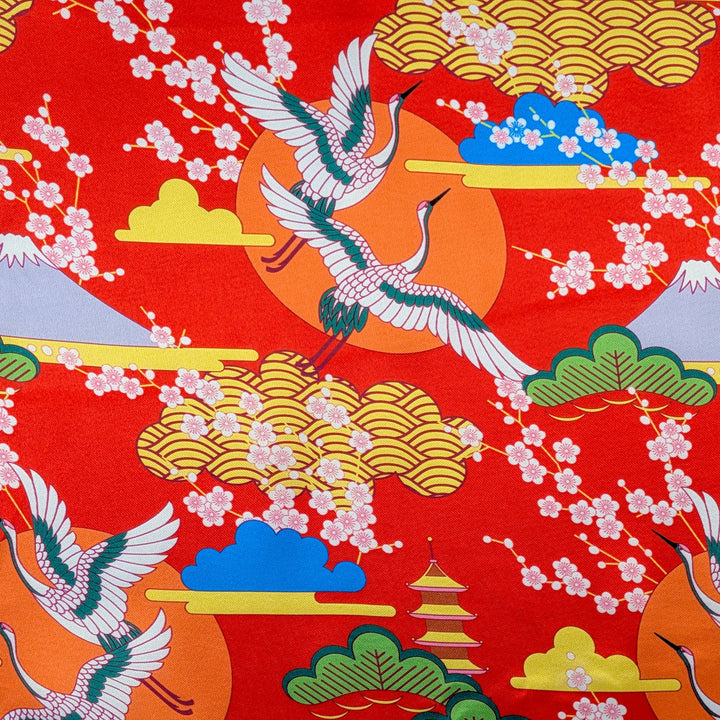 Traditional Japanese design with cranes, cherry blossoms, and Mount Fuji on a red background.