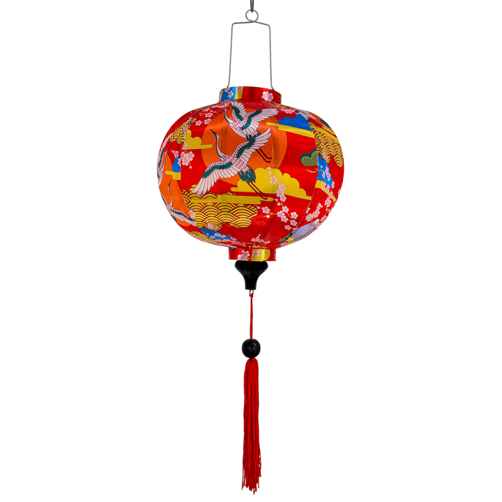 Round red silk lantern with cranes design and red tassel