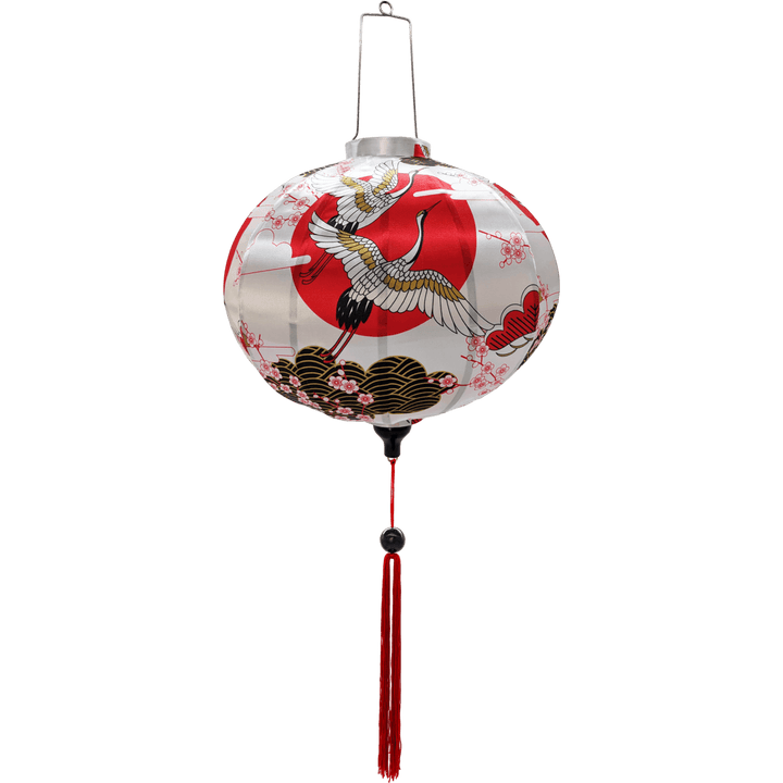 Round shaped Hoi An Lantern with red tassel featuring large red sun and white cranes with golden wings on white silk.