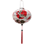 Round shaped Hoi An Lantern with red tassel featuring large red sun and white cranes with golden wings on white silk.