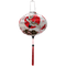 Round shaped Hoi An Lantern with red tassel featuring large red sun and white cranes with golden wings on white silk.