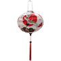 Round shaped Hoi An Lantern with red tassel featuring large red sun and white cranes with golden wings on white silk.